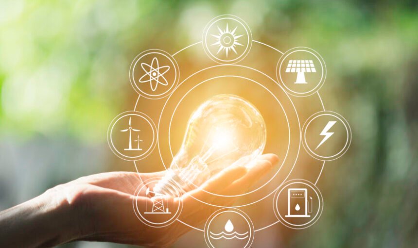 Hand of male holding a light bulb and copy space for energy, ideas and creative concept.