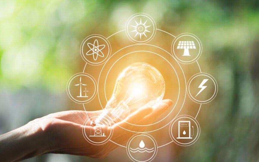 Hand of male holding a light bulb and copy space for energy, ideas and creative concept.